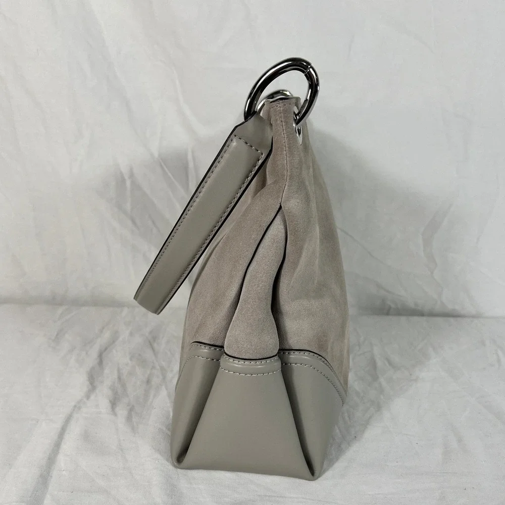 Michael Kors Handbag Gray Taupe Suede Leather Hobo Shoulder‎ Bag Silver MK Logo